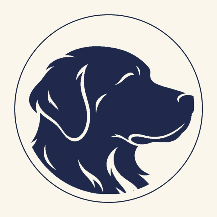 Winston Ventures cameo: a golden retriever in profile inside a thin ring, navy on cream.
