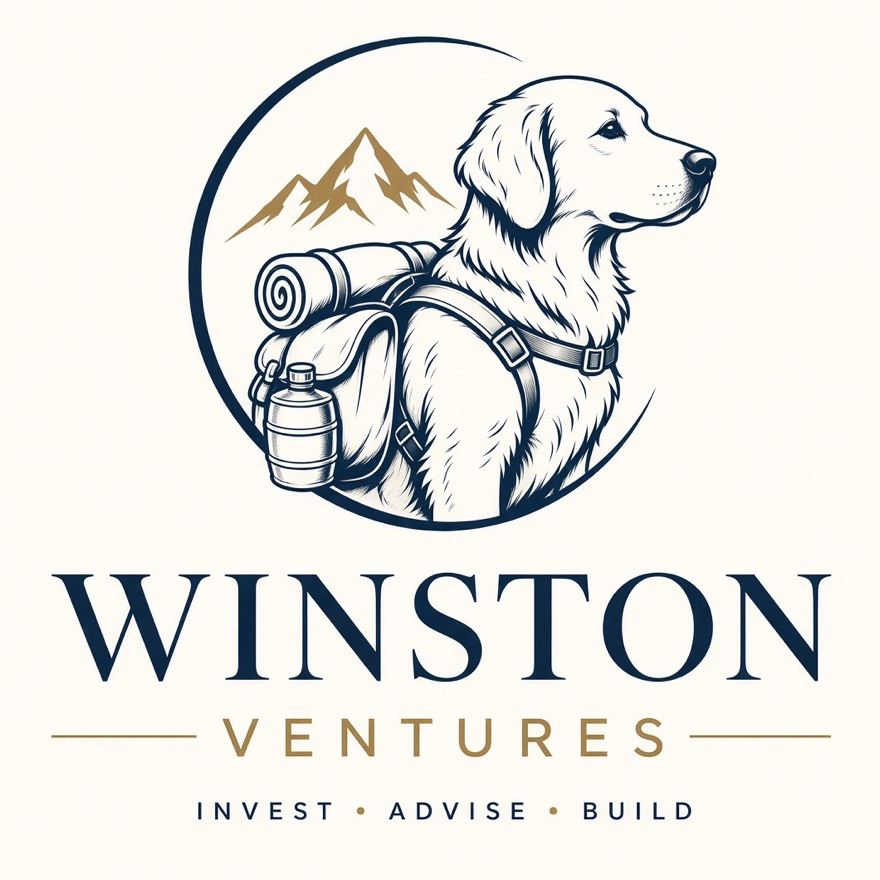 The Winston Ventures crest: an engraved golden retriever wearing a pack, mountains behind, with the words Winston Ventures — Invest, Advise, Build.