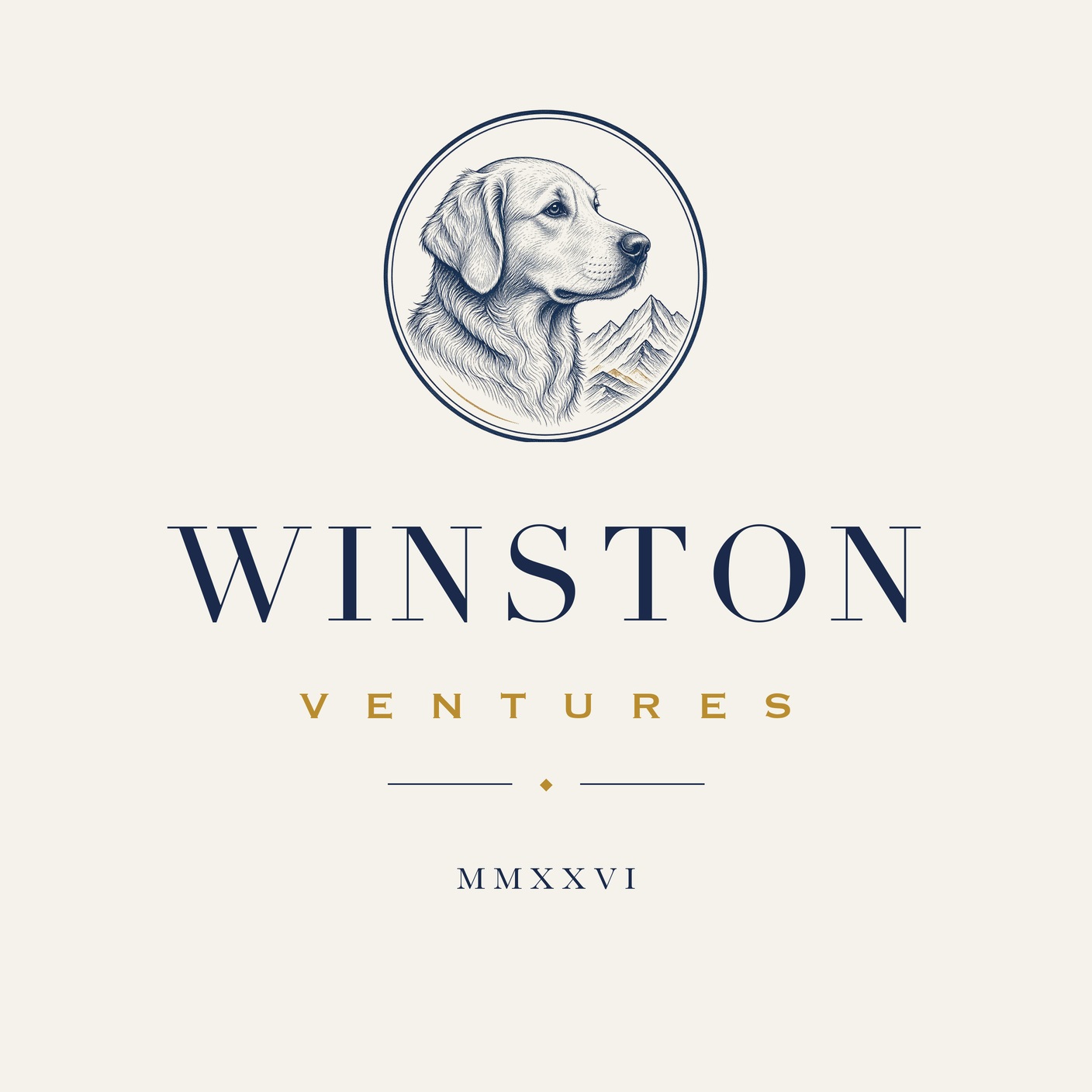Winston Ventures crest: an engraved golden retriever emblem above the wordmark, MMXXVI