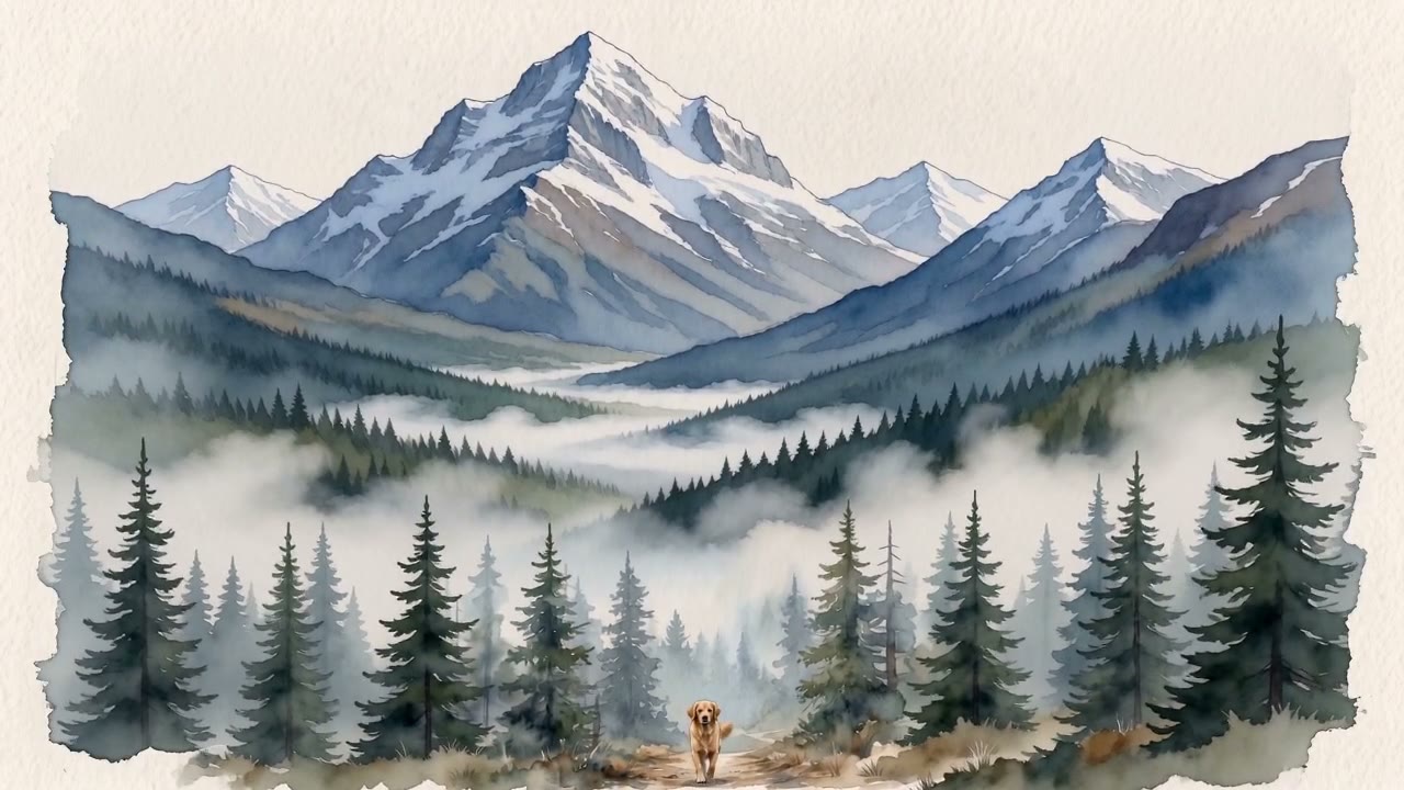 Watercolor vista of snow-capped peaks above a fog-filled valley, a golden retriever small on the trail below
